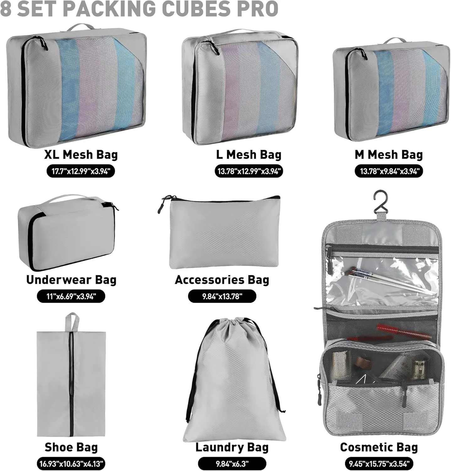 8 Set Packing Cubes for Travel Women Men Kids, Mesh Suitcase Organizer Bags Set for Luggage, 4 Sizes Extra Large, Large, Medium, Small, Travel Camping Essentials Accessories, Gray