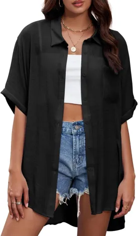 Century Star Womens Button Down Shirt Vacation Outfits Short Sleeve Shirt Dress Oversize Collared Swimsuit Coverup Blouses