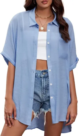 Century Star Womens Button Down Shirt Vacation Outfits Short Sleeve Shirt Dress Oversize Collared Swimsuit Coverup Blouses