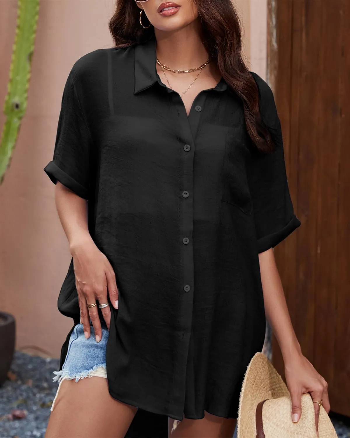 Century Star Womens Button Down Shirt Vacation Outfits Short Sleeve Shirt Dress Oversize Collared Swimsuit Coverup Blouses