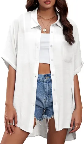 Century Star Womens Button Down Shirt Vacation Outfits Short Sleeve Shirt Dress Oversize Collared Swimsuit Coverup Blouses