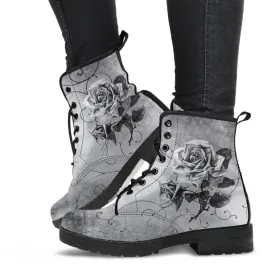 Combat Boots - Vintage Style Black & White Roses | Vegan Leather Lace Up Boots, Women's Boots