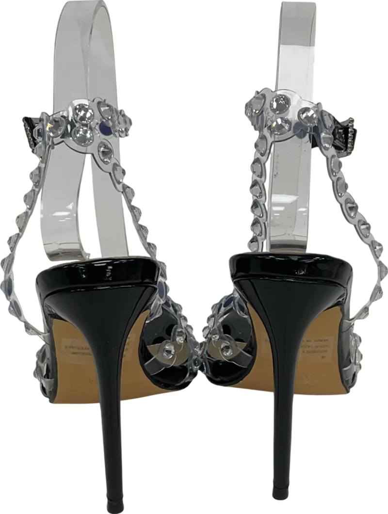 Ego After-glow Clear Perpsex Diamante Strap Detail Pointed Toe Stiletto Heel In Black Faux Leather UK 4 EU 37 👠