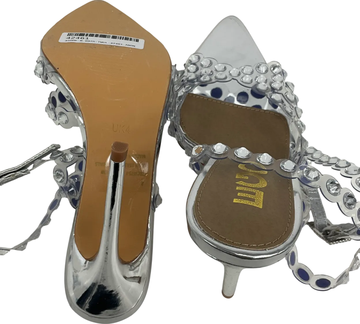 Ego Metallic After-glow Clear Perpsex Diamante Strap Detail Pointed Toe Stiletto Heel UK 4 EU 37 👠
