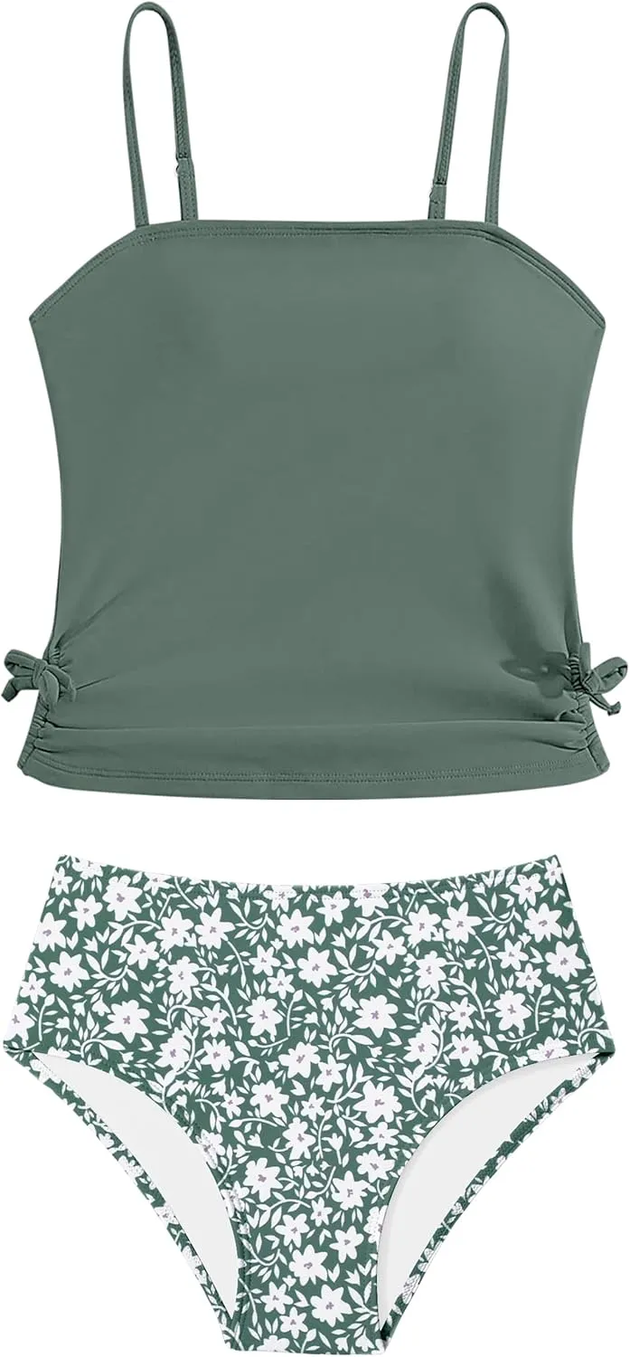 Girls Tankini Swimsuits Two Piece Bathing Suit Drawstring Swimwear Set for Girls 7-14 Years