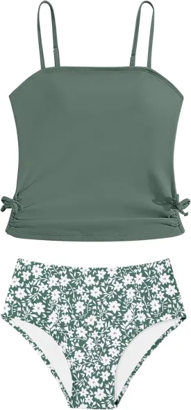 Girls Tankini Swimsuits Two Piece Bathing Suit Drawstring Swimwear Set for Girls 7-14 Years
