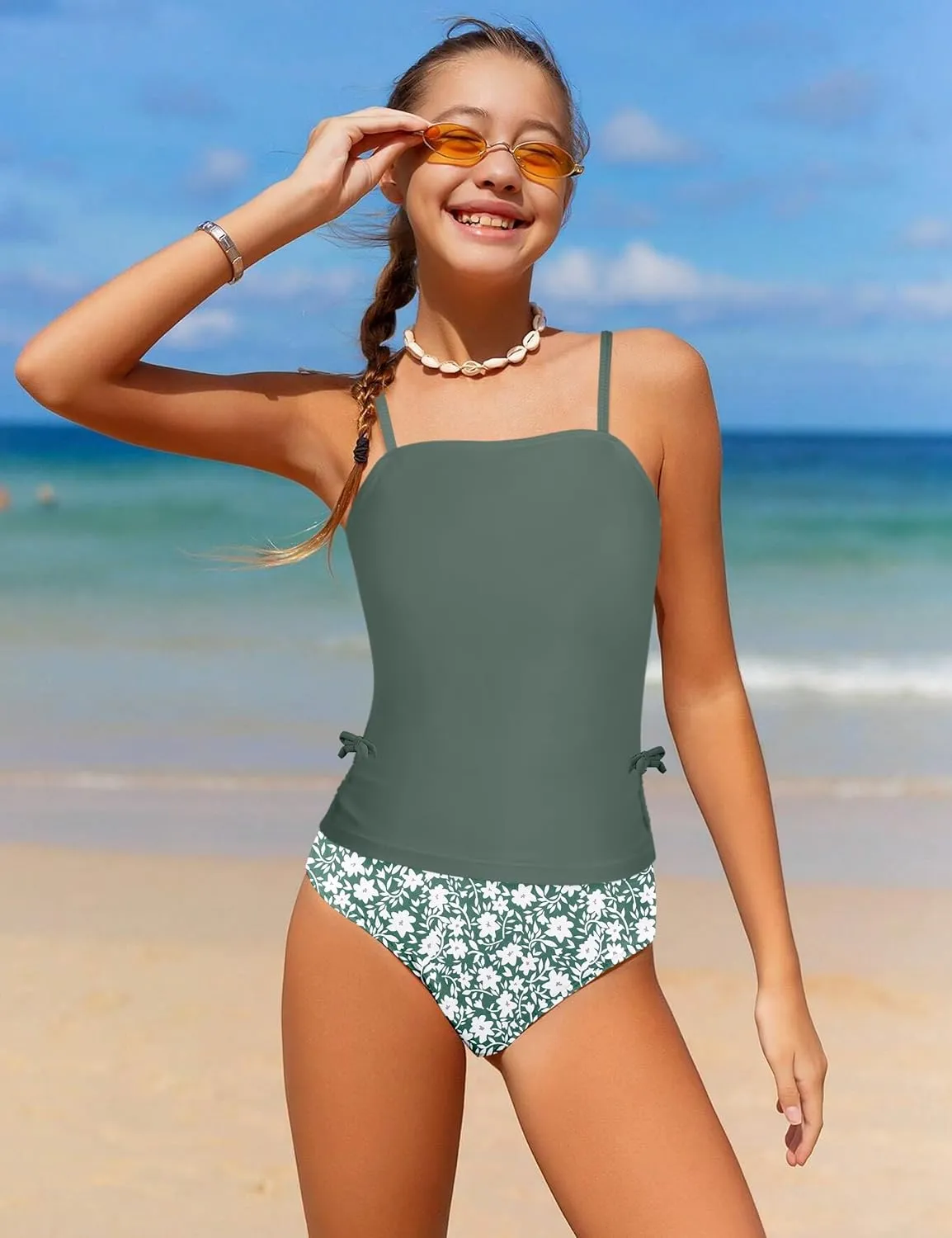 Girls Tankini Swimsuits Two Piece Bathing Suit Drawstring Swimwear Set for Girls 7-14 Years