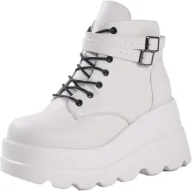 Gothniero Platform Goth Ankle Boots for Womem Black Holographic Combat Chunky Heel Boots with Side Zip Lace Up Wedge Booties US5.5-11