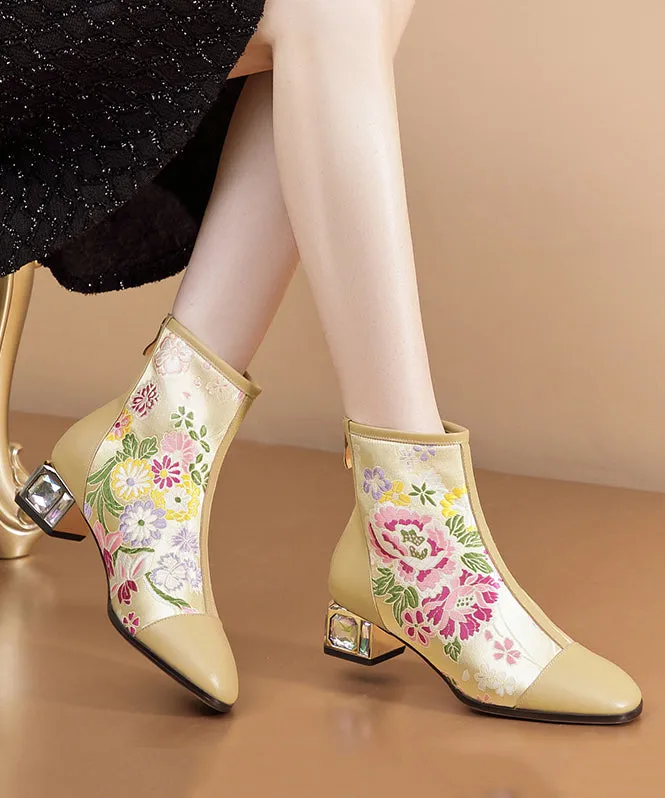 Jacquard Black Zippered Zircon Cowhide Leather Chunky Boots RT1059
