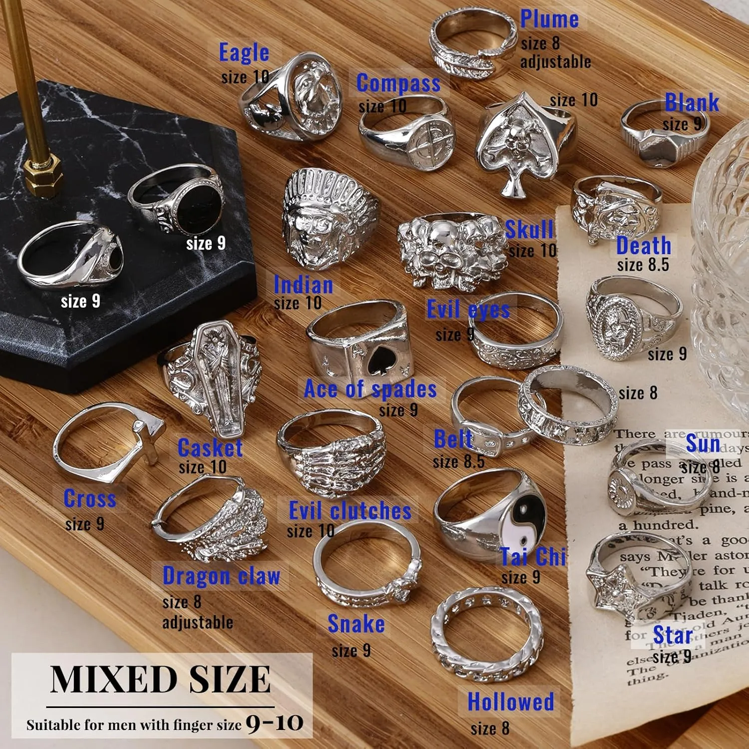 KISS WIFE Vintage Silver Punk Rings Set for Men, Cool Gothic Chunky Rings Bulk, Skull Snake Spade Ace Malachite Stackable Hippie Knuckle Rings Pack, Trendy Men's Jewelry Gift for Him