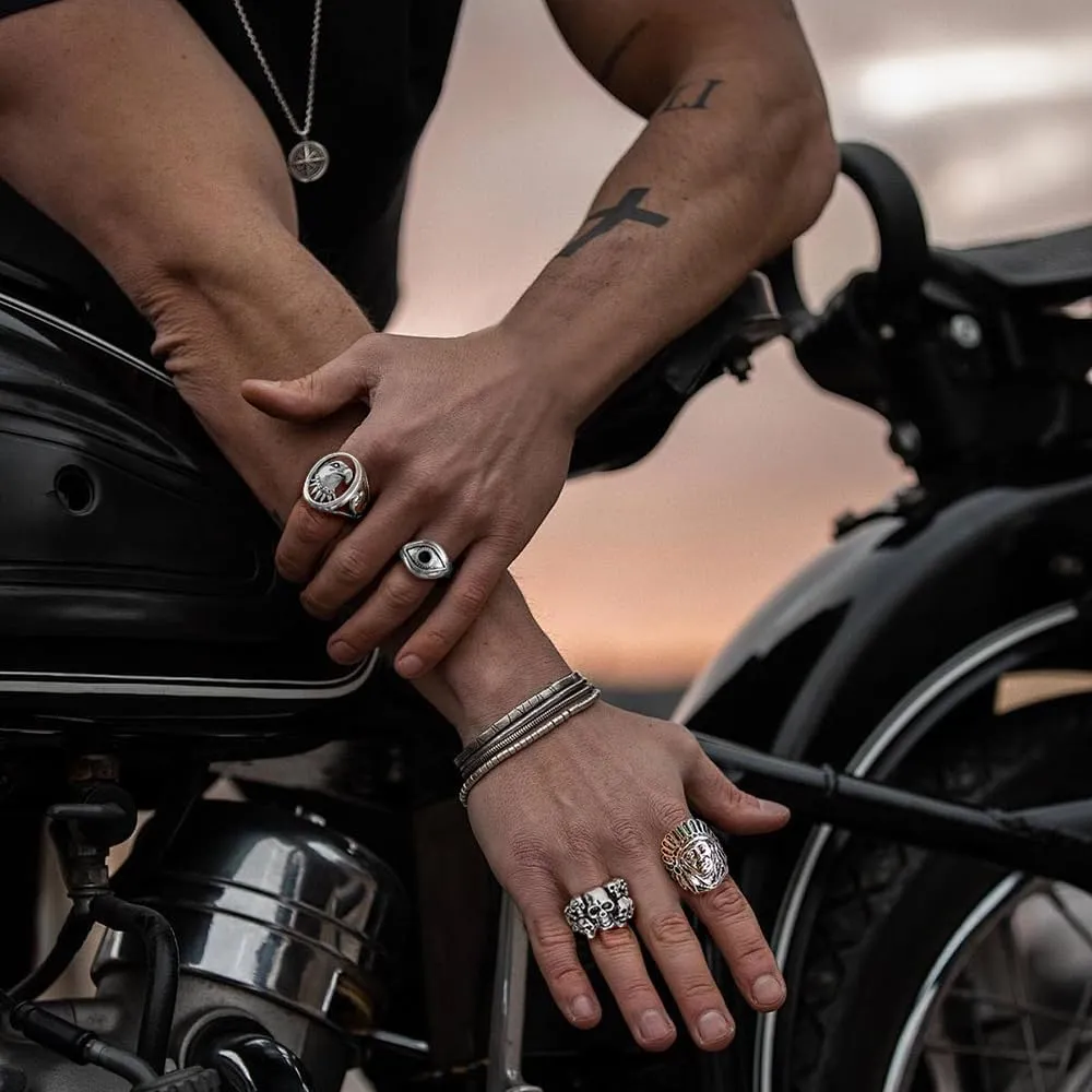 KISS WIFE Vintage Silver Punk Rings Set for Men, Cool Gothic Chunky Rings Bulk, Skull Snake Spade Ace Malachite Stackable Hippie Knuckle Rings Pack, Trendy Men's Jewelry Gift for Him