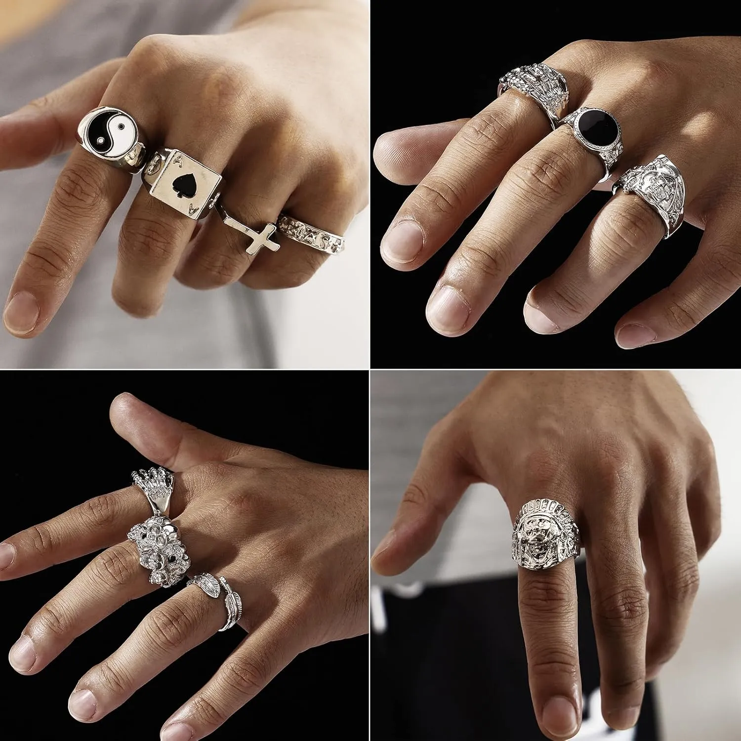 KISS WIFE Vintage Silver Punk Rings Set for Men, Cool Gothic Chunky Rings Bulk, Skull Snake Spade Ace Malachite Stackable Hippie Knuckle Rings Pack, Trendy Men's Jewelry Gift for Him