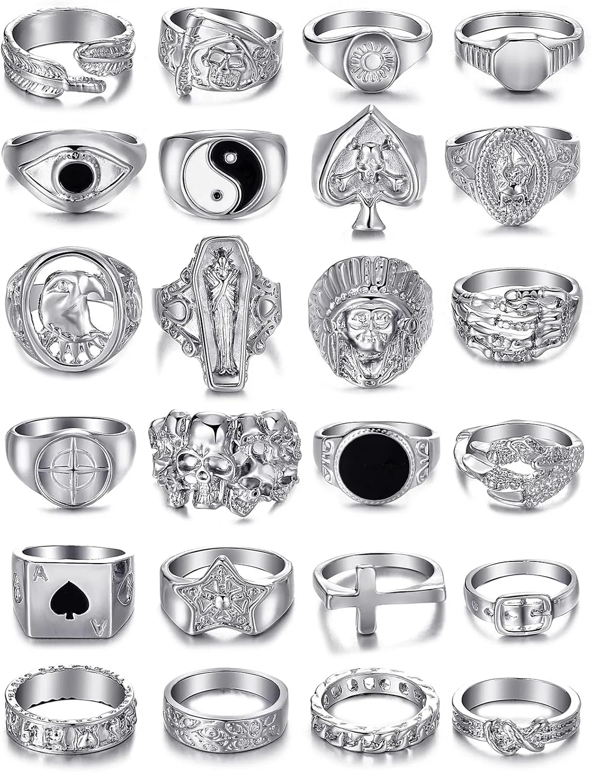 KISS WIFE Vintage Silver Punk Rings Set for Men, Cool Gothic Chunky Rings Bulk, Skull Snake Spade Ace Malachite Stackable Hippie Knuckle Rings Pack, Trendy Men's Jewelry Gift for Him