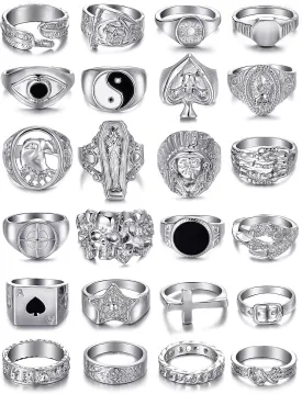 KISS WIFE Vintage Silver Punk Rings Set for Men, Cool Gothic Chunky Rings Bulk, Skull Snake Spade Ace Malachite Stackable Hippie Knuckle Rings Pack, Trendy Men's Jewelry Gift for Him