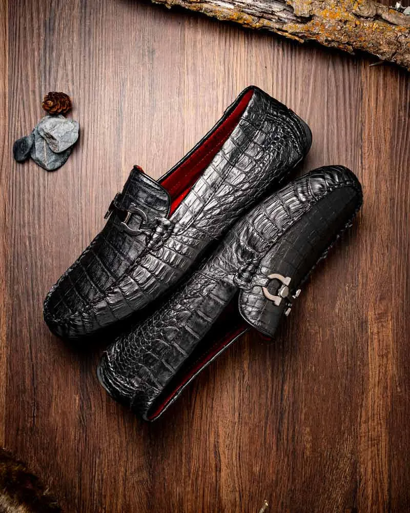 Marco Di Milano Parma Black Caiman Belly Bit Driving Loafers