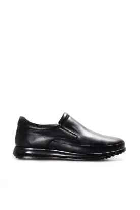 Men's Black Leather Slip-On Loafers with Textured Sole and Fur Lining - Wessi