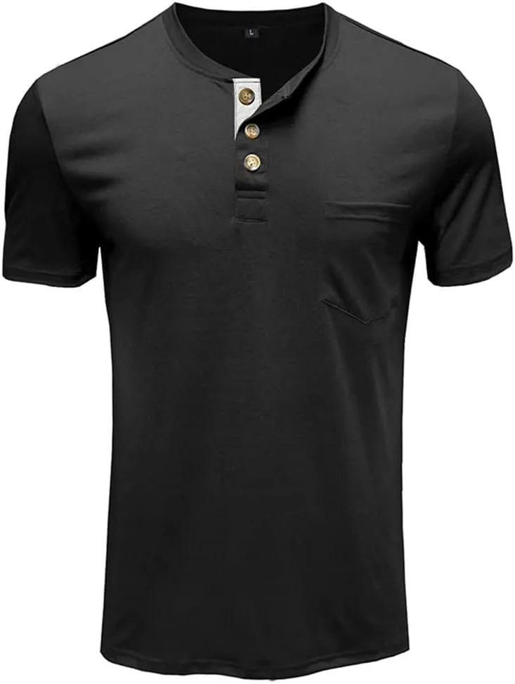 Mens Casual Short Sleeve Henley Shirts Fashion Button T Shirts with Pocket