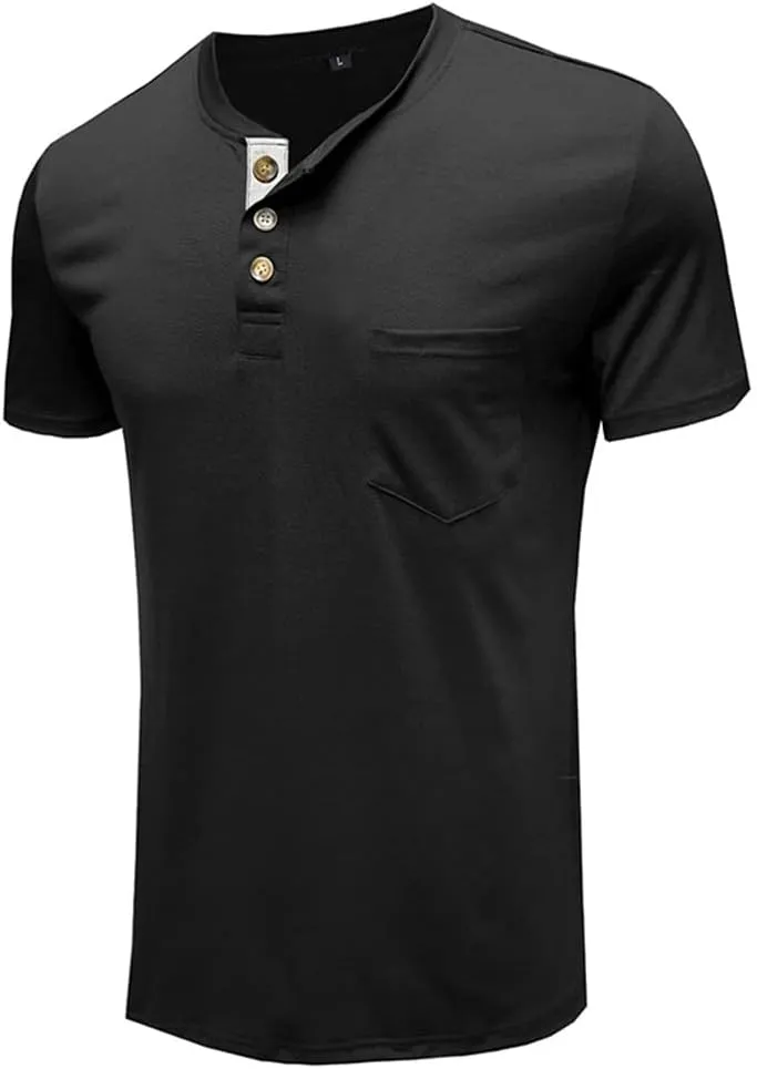 Mens Casual Short Sleeve Henley Shirts Fashion Button T Shirts with Pocket