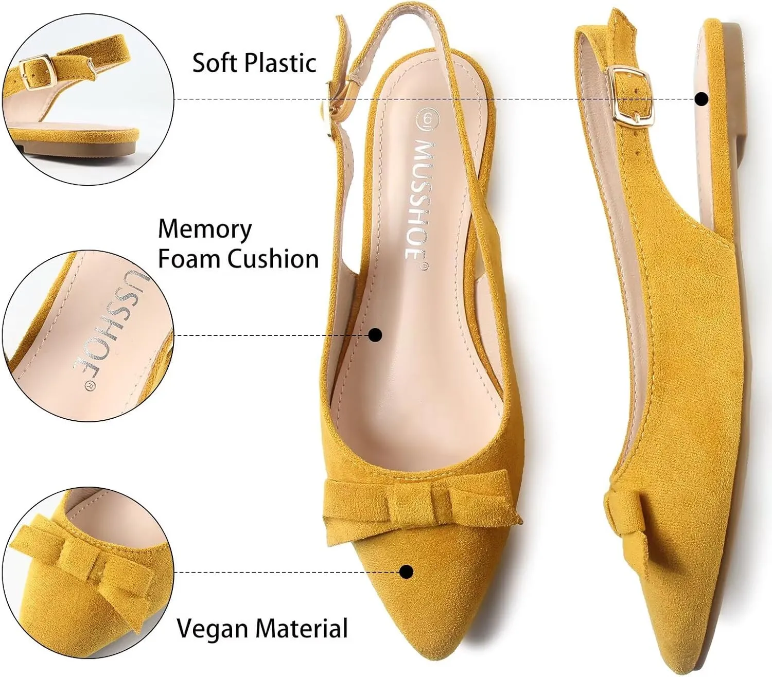 MUSSHOE Slingback Flats for Women Pointed Toe Comfort Womens Flats with Bow