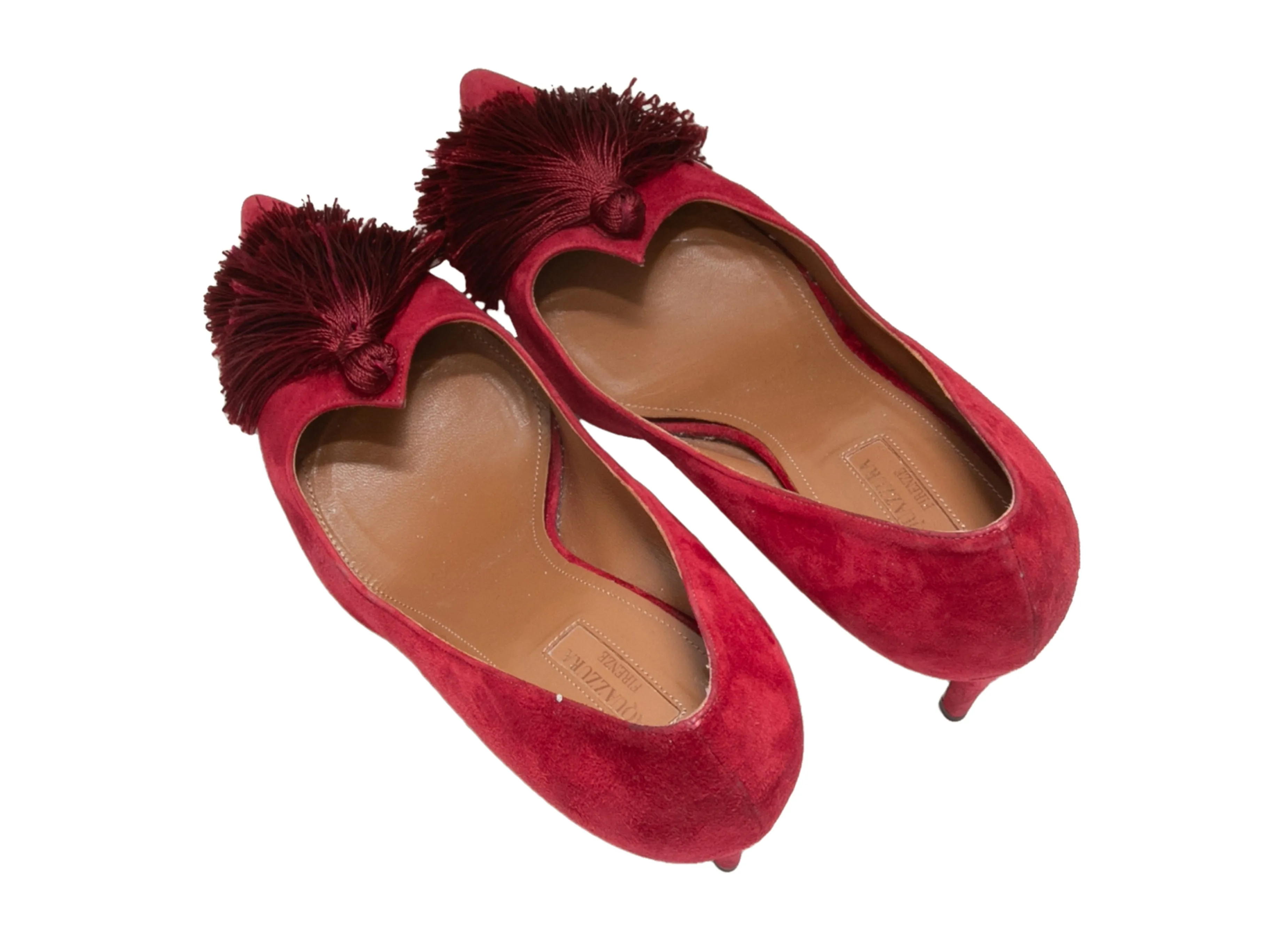 Red Aquazzura Suede Pointed-Toe Tassel Pumps Size 40.5