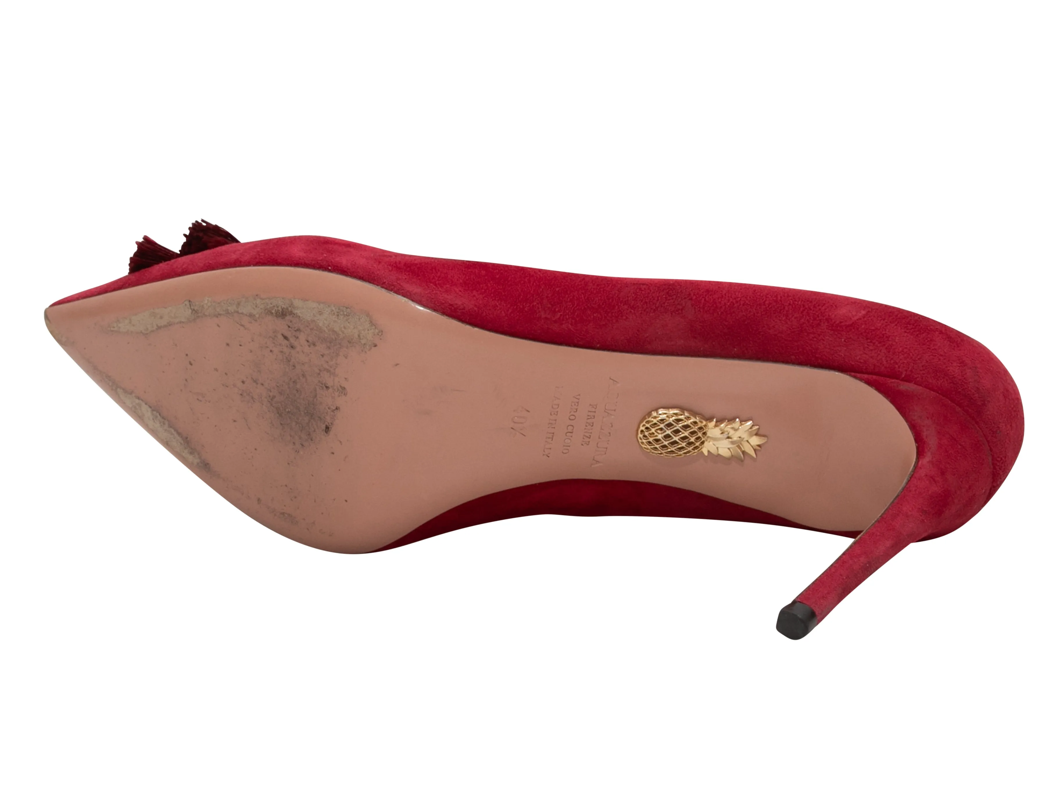 Red Aquazzura Suede Pointed-Toe Tassel Pumps Size 40.5