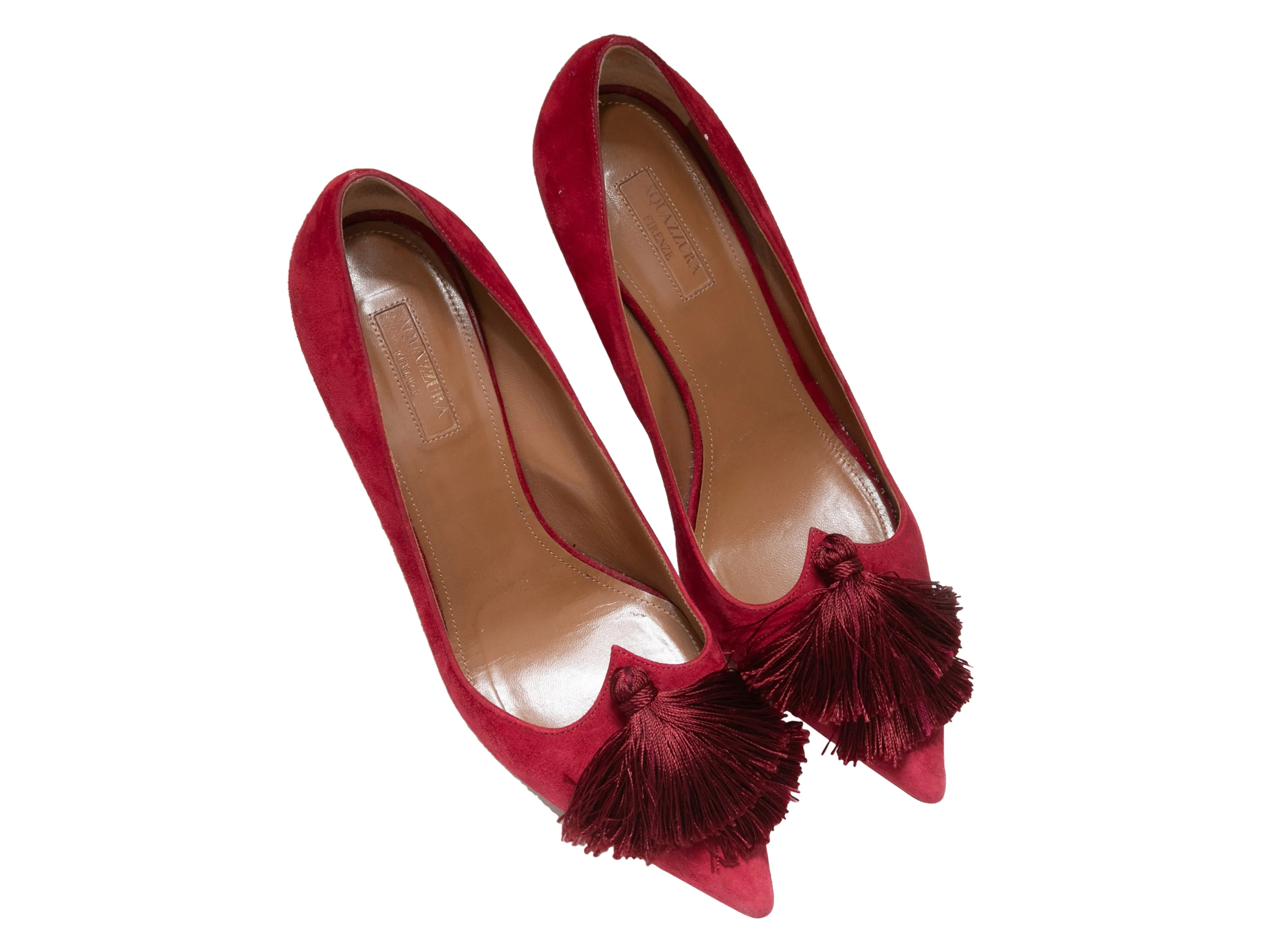 Red Aquazzura Suede Pointed-Toe Tassel Pumps Size 40.5