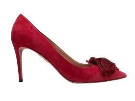 Red Aquazzura Suede Pointed-Toe Tassel Pumps Size 40.5