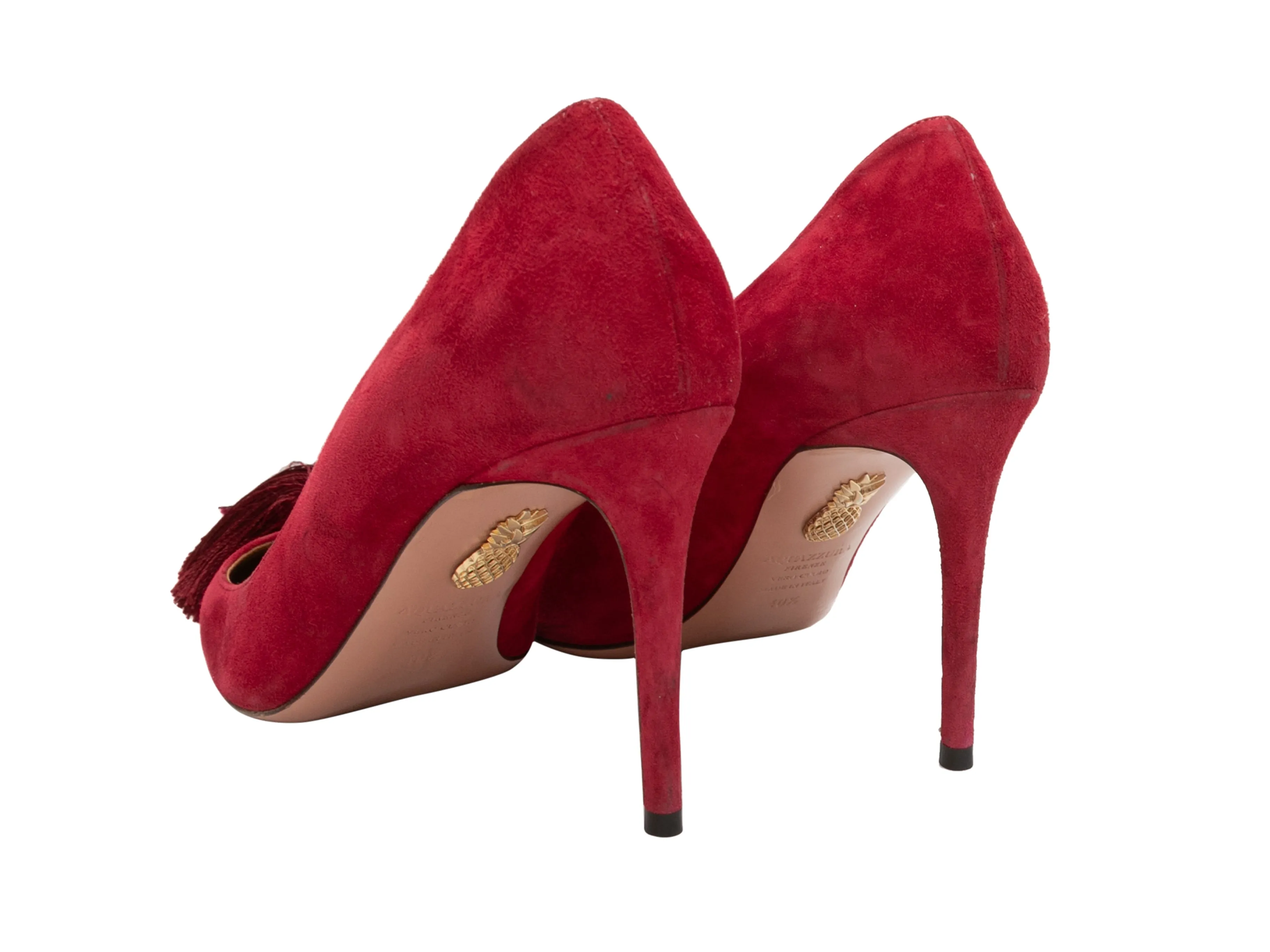 Red Aquazzura Suede Pointed-Toe Tassel Pumps Size 40.5