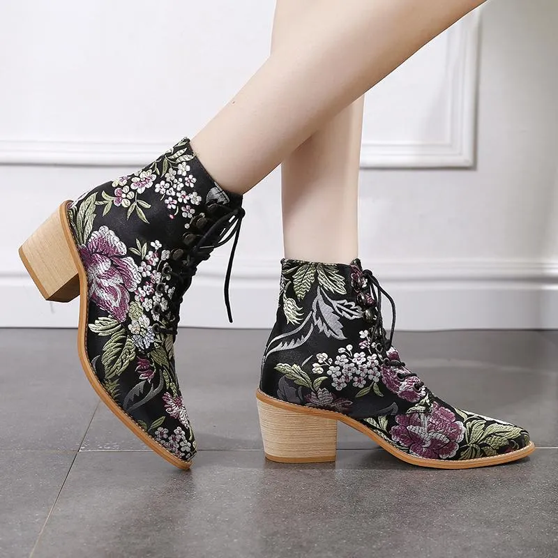 Retro embroidery lace-up ankle boots pointed toe block heel boots fashion ankle boots for women