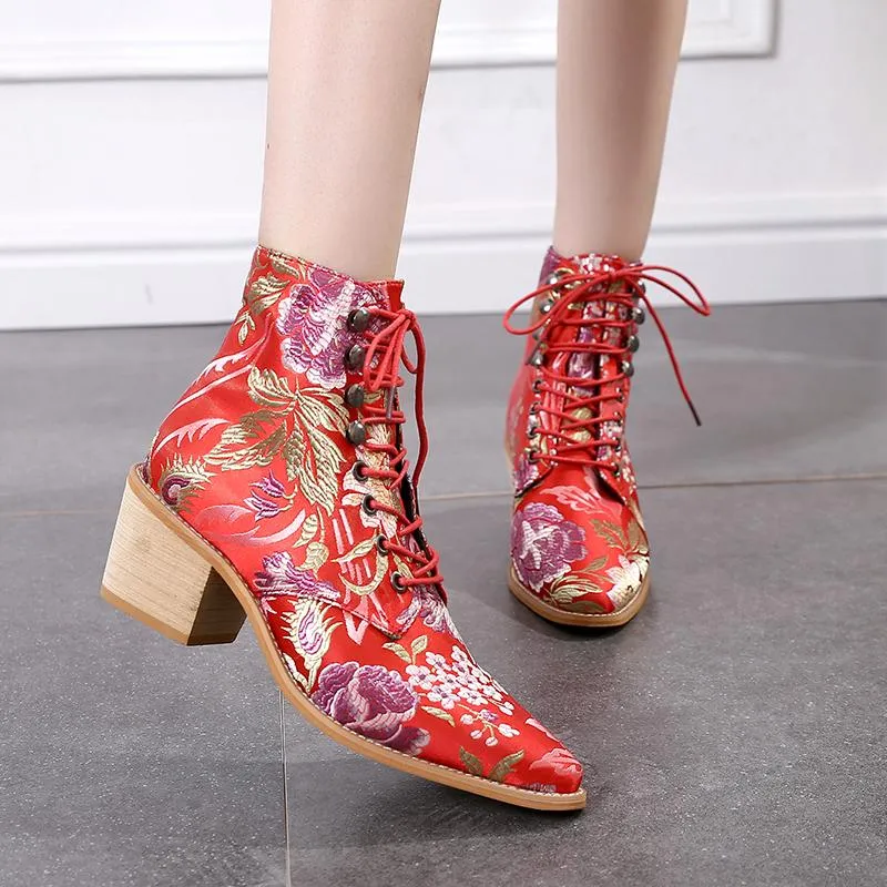 Retro embroidery lace-up ankle boots pointed toe block heel boots fashion ankle boots for women