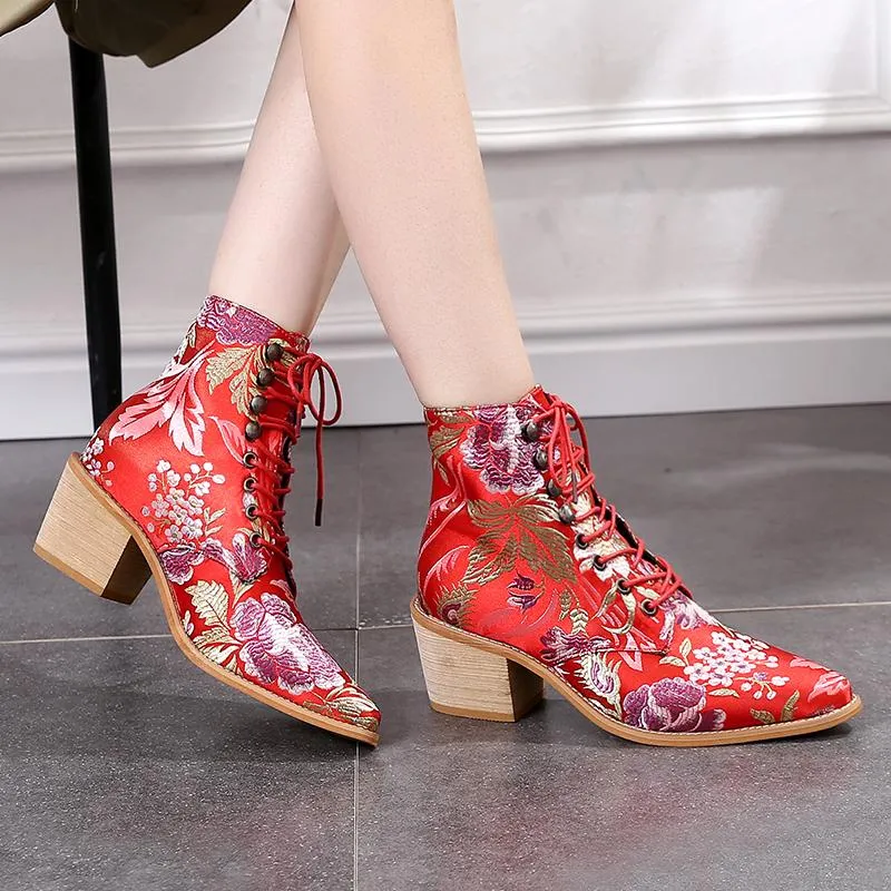 Retro embroidery lace-up ankle boots pointed toe block heel boots fashion ankle boots for women