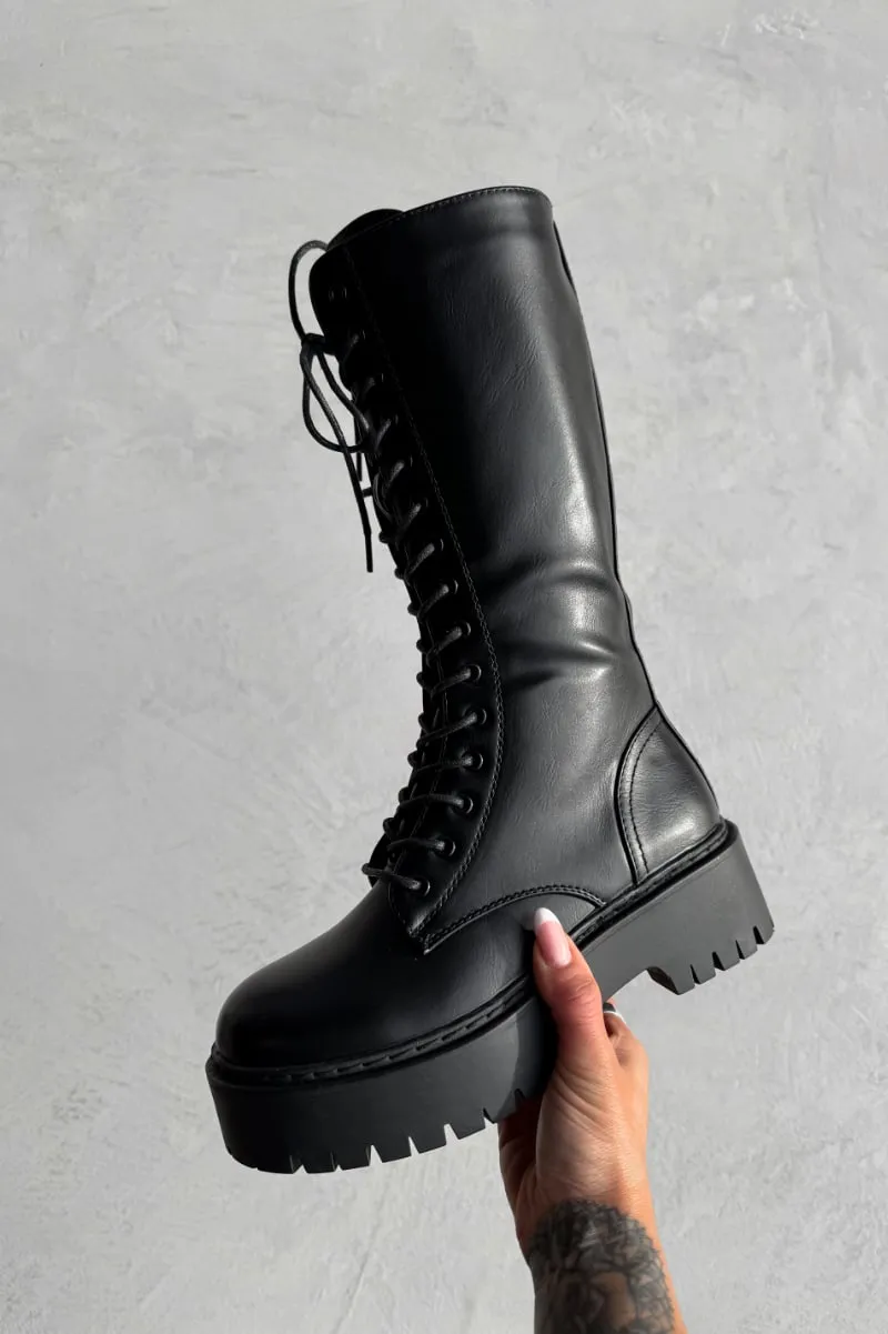 STOMP Knee High Chunky Platform Boots - Black PU