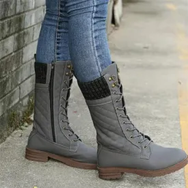Sweater cuff low heel lace-up mid calf biker boots
