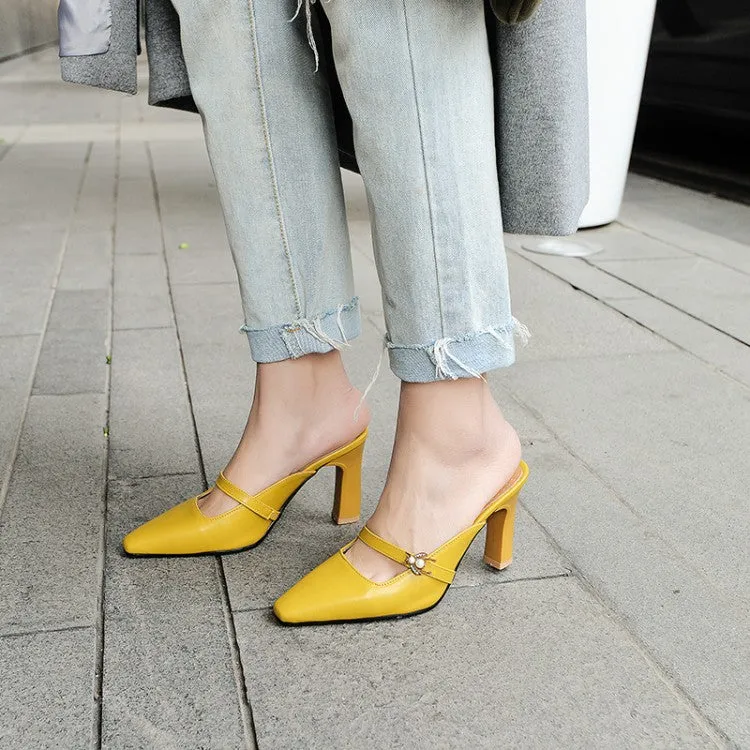 Women's Pointed Toe Pearls Chunky Heel Slides Slip On Sandals