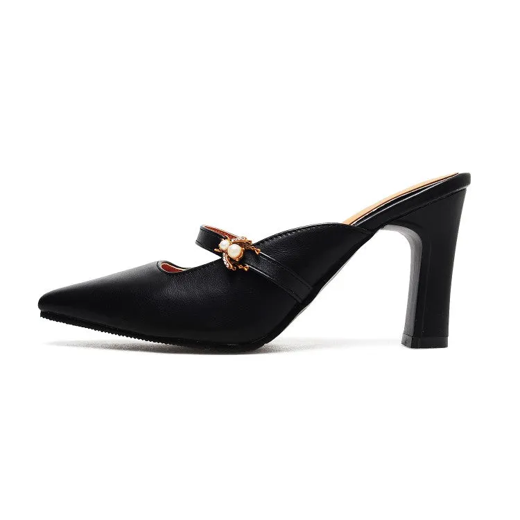 Women's Pointed Toe Pearls Chunky Heel Slides Slip On Sandals