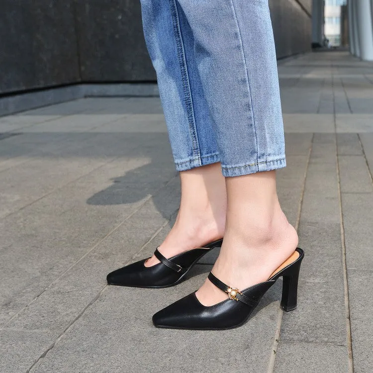 Women's Pointed Toe Pearls Chunky Heel Slides Slip On Sandals