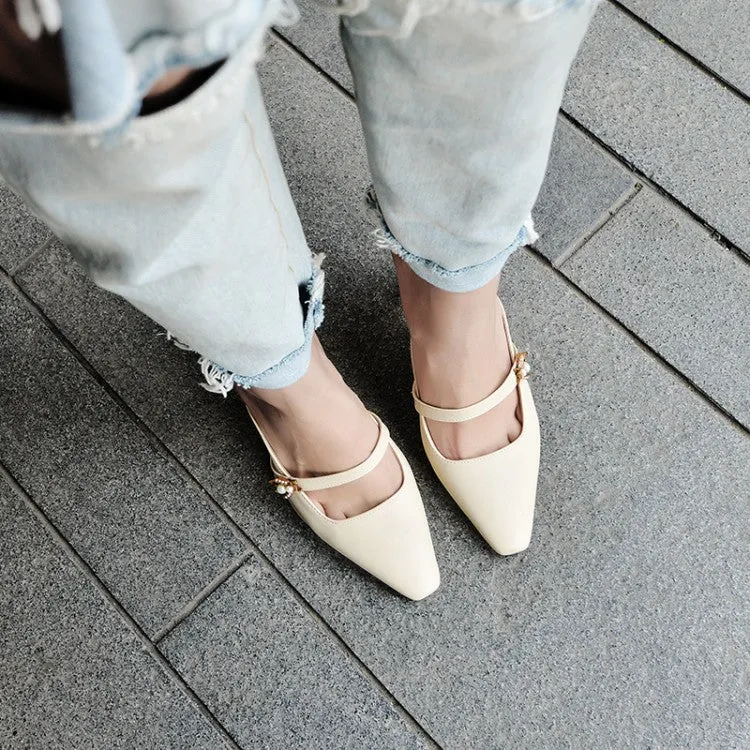 Women's Pointed Toe Pearls Chunky Heel Slides Slip On Sandals