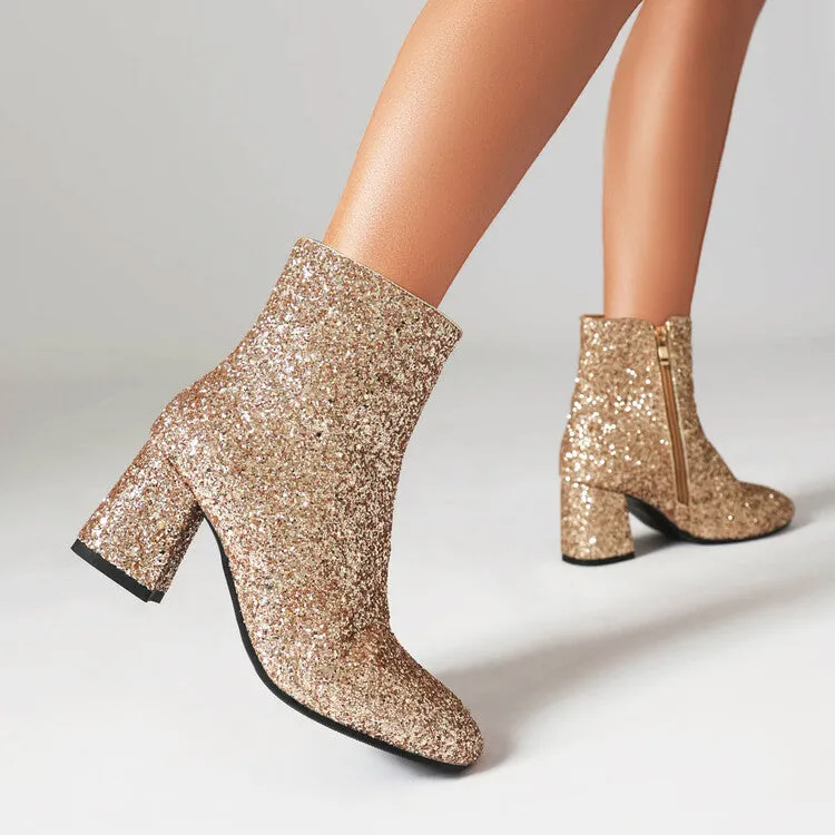 Women's Sequined Square Toe Block Heel Ankle Boots